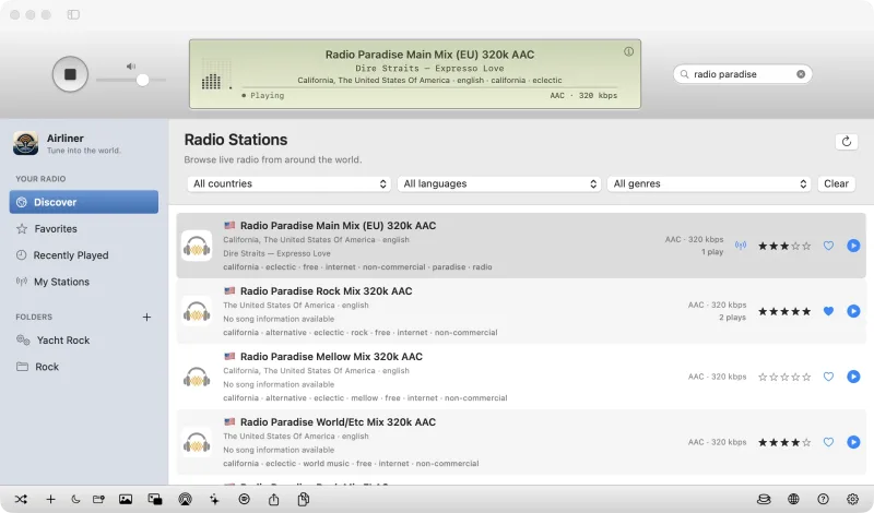 Airliner for Mac playing an internet radio station, with its sage-green LCD above the station list
