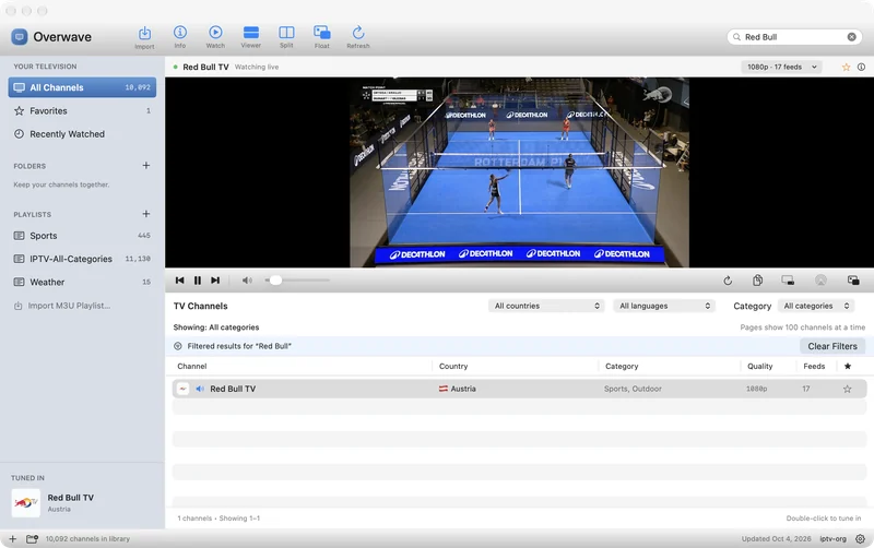 Overwave for Mac playing a live TV channel in its integrated viewer above a channel table