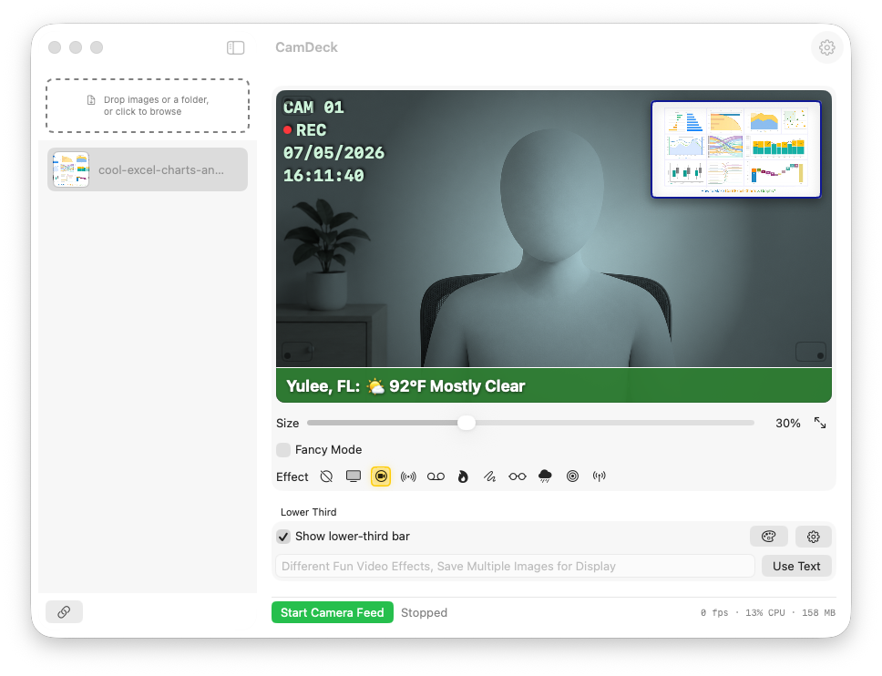 CamDeck running Security Cam mode with an on-screen REC overlay