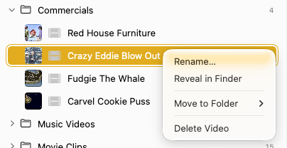 CamDeck right-click context menu on a video showing Rename, Reveal in Finder, Move to Folder, and Delete Video