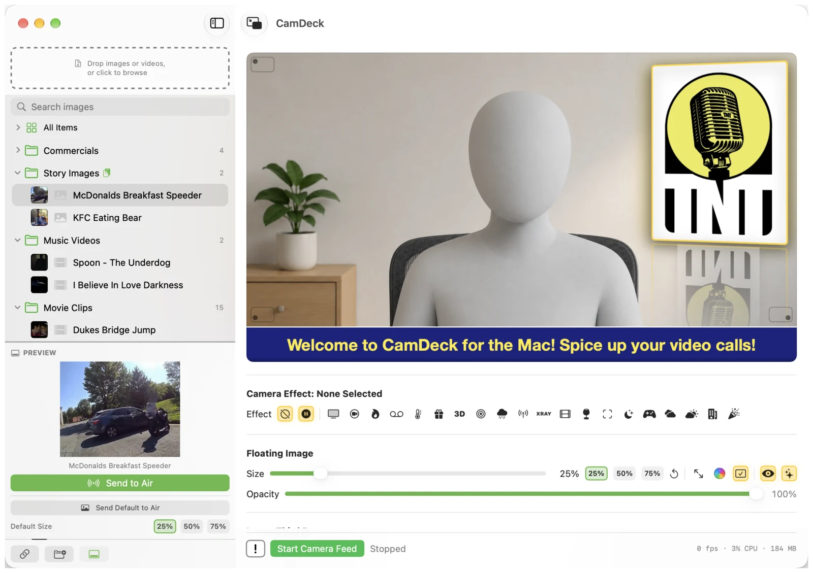 CamDeck Mac virtual camera app with a folder library, a floating logo overlay and a lower-third banner over a live camera preview, plus the camera effects row