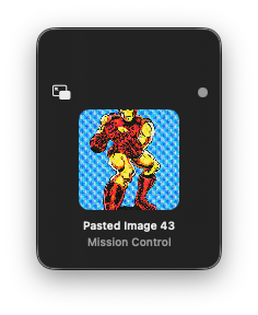 CamDeck Mini Window floating panel showing the on-air image, its name, and the active Mission Control camera effect