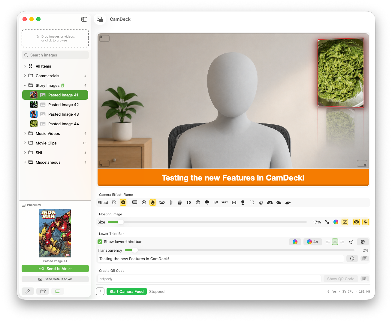 CamDeck main window with an image staged in the Preview panel and a Send to Air button ready to put it live