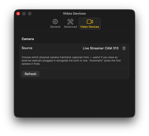 CamDeck video device settings with a physical camera selected