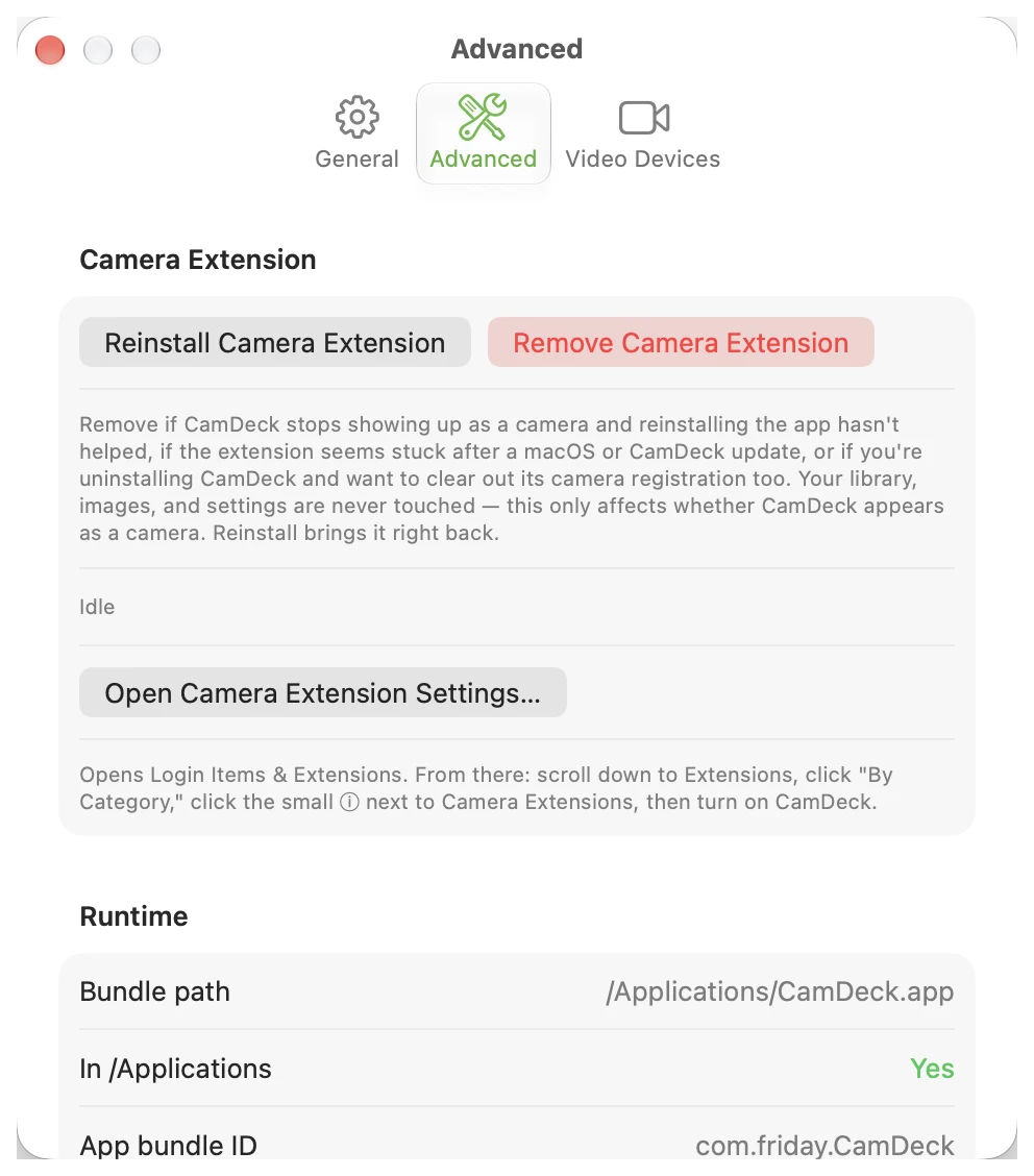 CamDeck Advanced settings showing camera extension tools to reinstall or remove the extension and runtime details