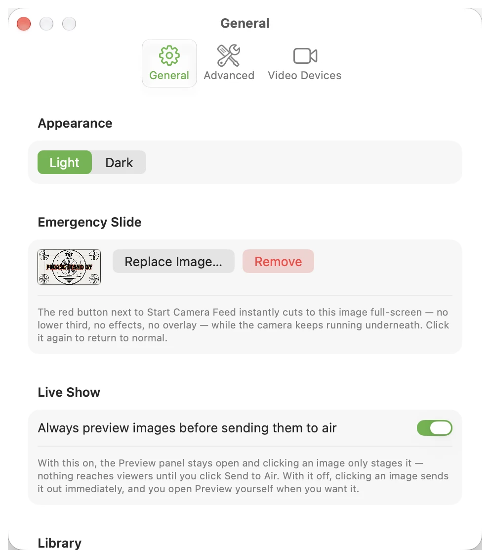 CamDeck General settings showing Light and Dark appearance, an Emergency Slide image, and the option to always preview images before sending them to air