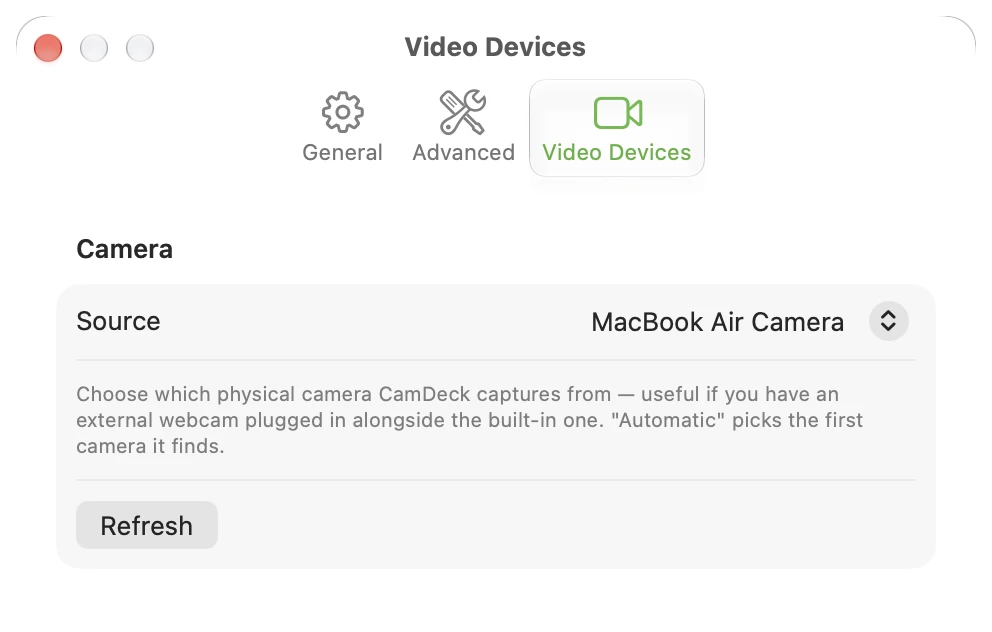 CamDeck Video Devices settings with a physical camera source selected